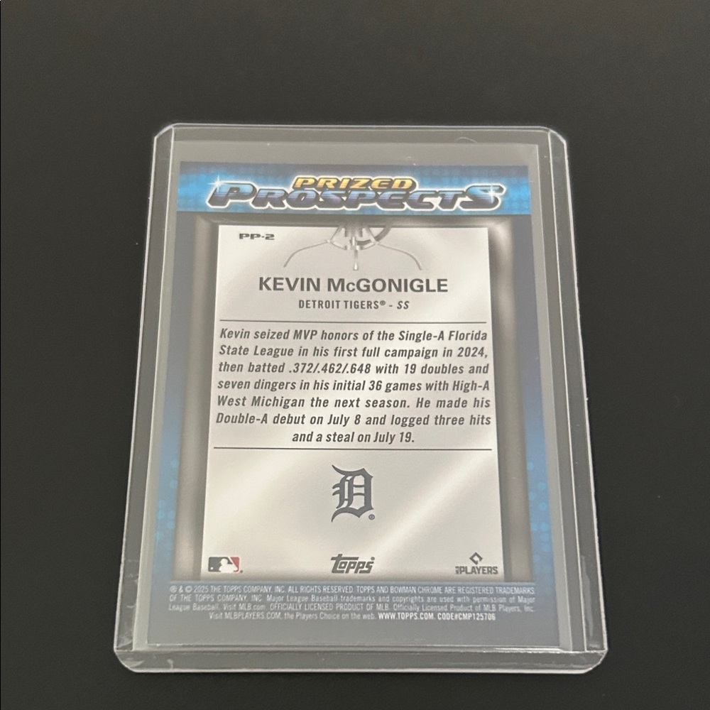 Kevin McGonigle Prized Prospects Refractor Baseball Card - Detroit Tigers - Picture 2 of 2